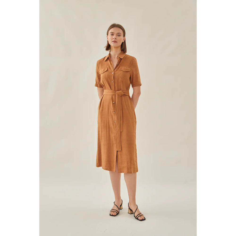 Linen Midi Shirt Dress Button Down Collared Removable Sash Brown S